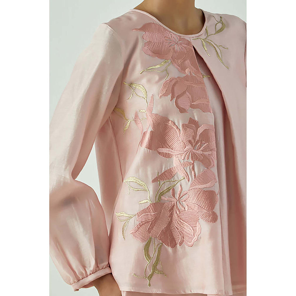 MADDER MUCH Pink Cotton Round Neck Embroidered Top with Pant