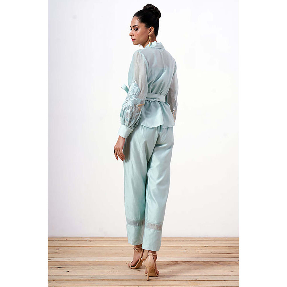 MADDER MUCH Cotton Blue V-Neck Solid/Plain Top with Pant Co-Ord's