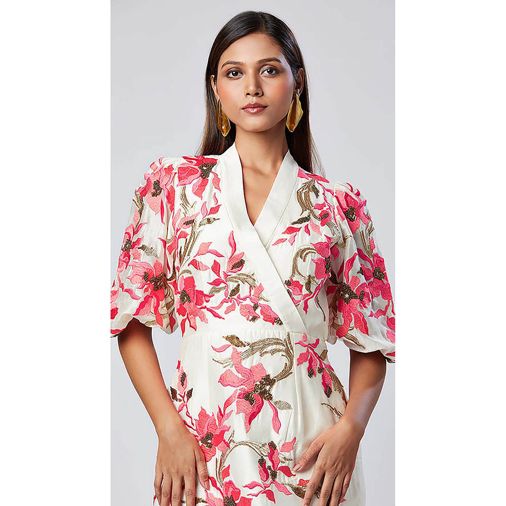 MADDER MUCH Off White Cotton V-Neck Embroidered Midi Dress