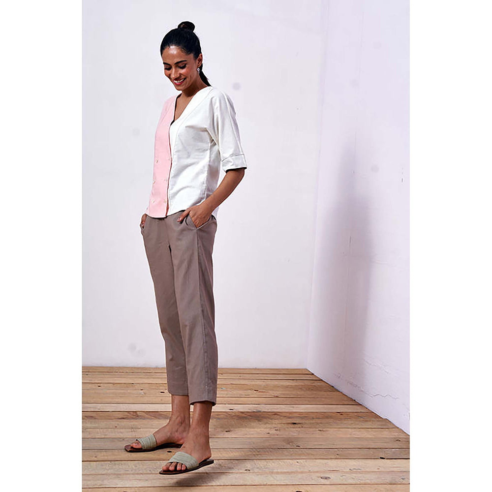 MADDER MUCH Cotton Pink V-Neck Colorblock Top With Pant Co-Ord's