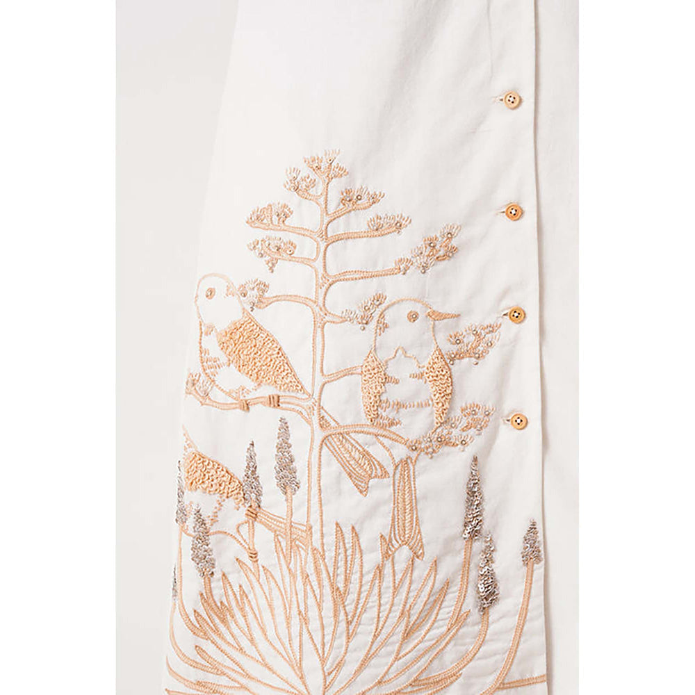 MADDER MUCH White Cotton Notched Lapel Embroidered A-Line Mini Dress