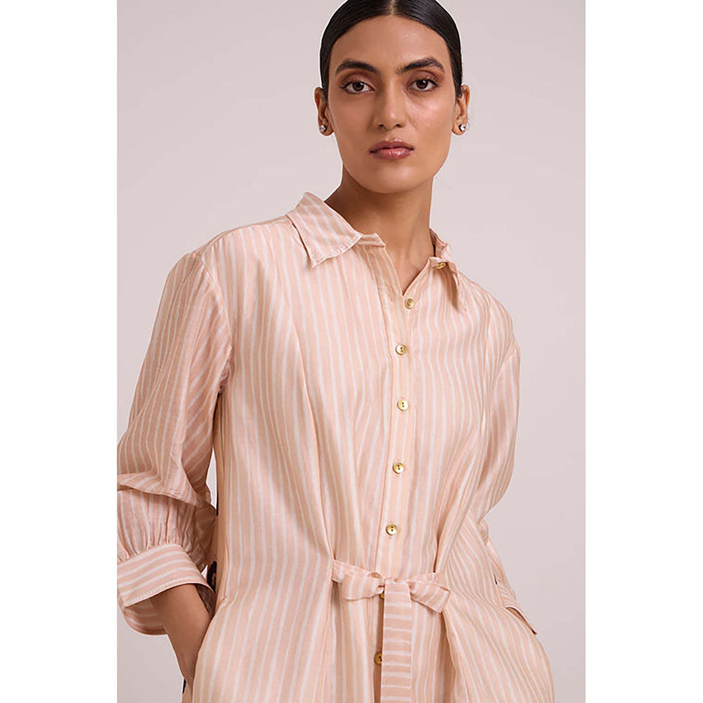 MADDER MUCH Pink Chanderi Collar Neck Stripes A-Line Midi Dress