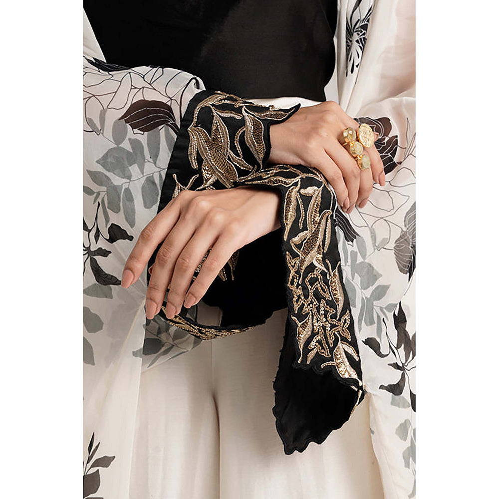 MADDER MUCH Chanderi Black Round Neck Printed Top With Palazzo And Jacket