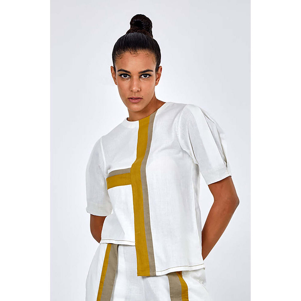 MADDER MUCH Cotton White Crew Neck Stripes Top With Pant Co-Ord's