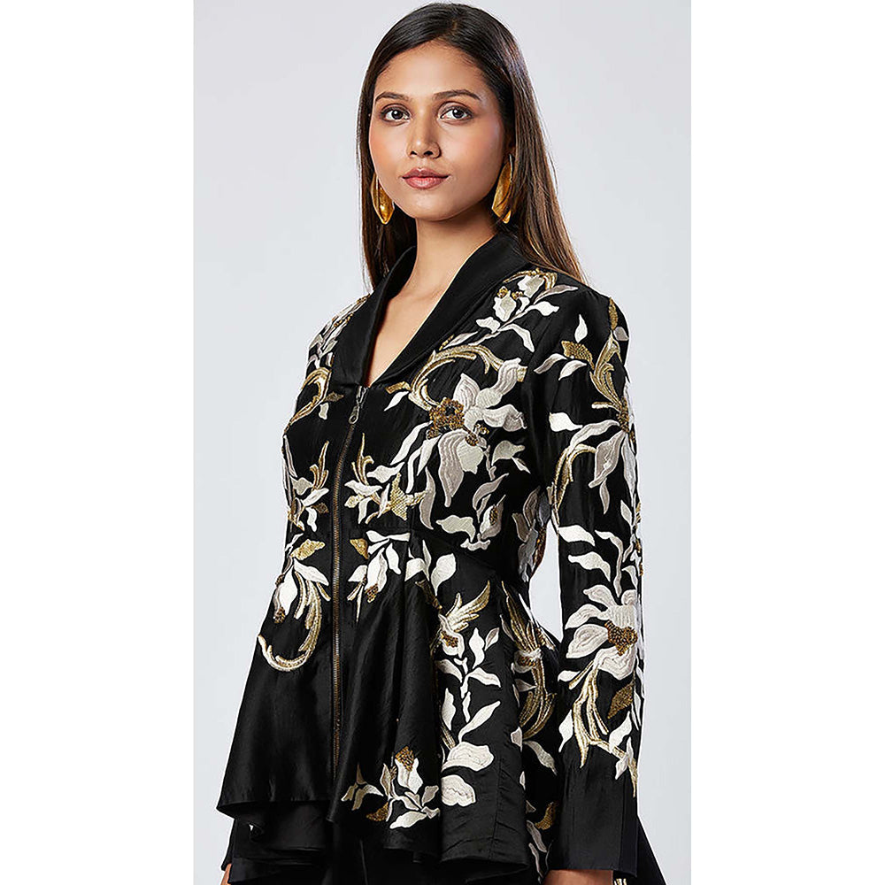 MADDER MUCH Cotton Black V-Neck Embroidered Peplum Top With Pant Co-Ord's