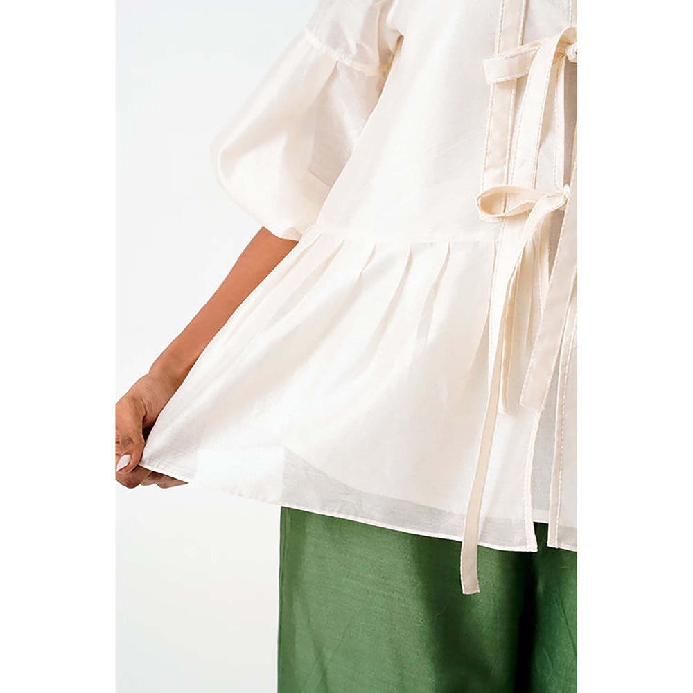 MADDER MUCH Ivory Toni Set - Multi Knot Peplum Top With Slip + Pine Green Pants