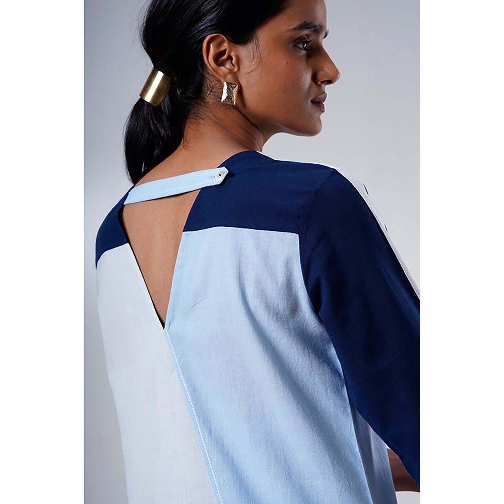 MADDER MUCH Navy Blue Cotton Crew Neck Colorblock Top With Pant