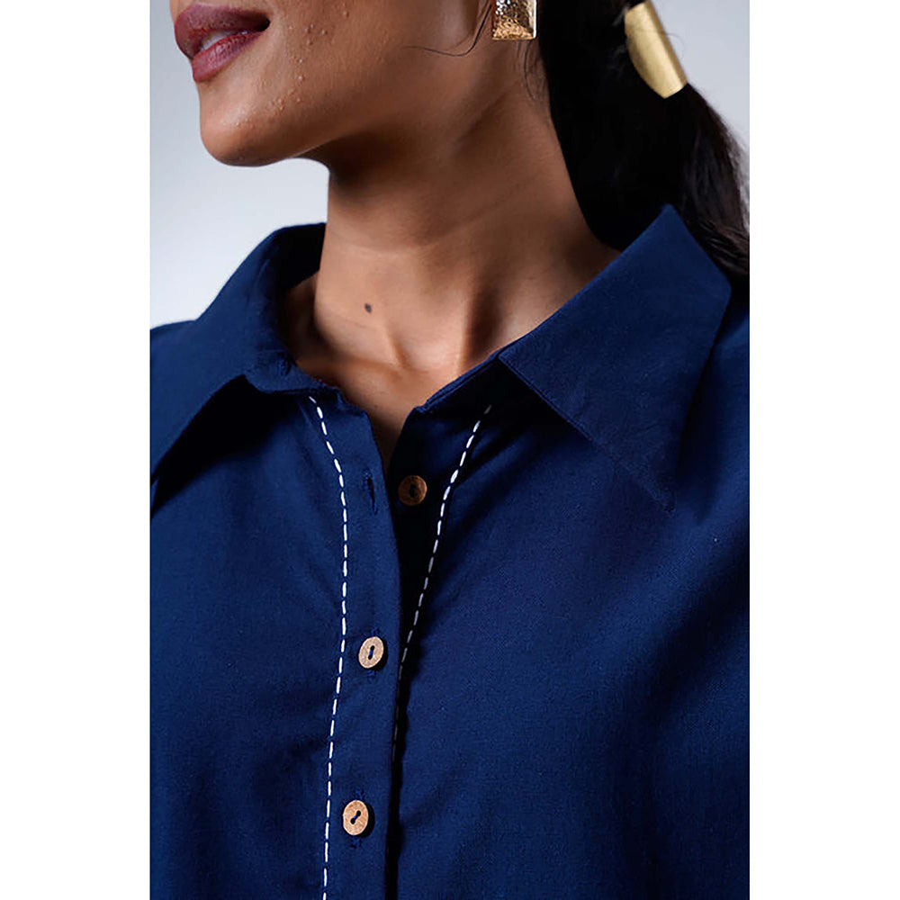 MADDER MUCH Indigo Cotton Collar Neck Colorblock Top With Pant