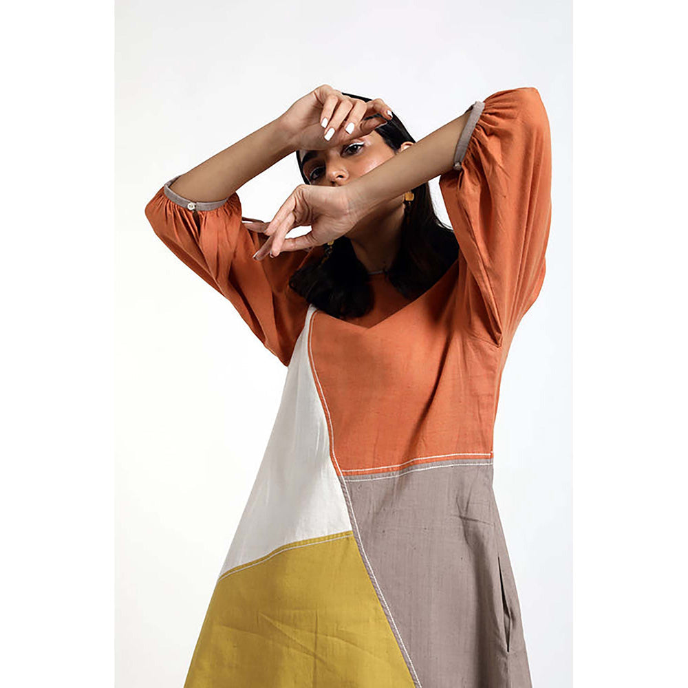 MADDER MUCH Multi-Color Cotton Crew Neck Colorblock A-Line Mini Dress
