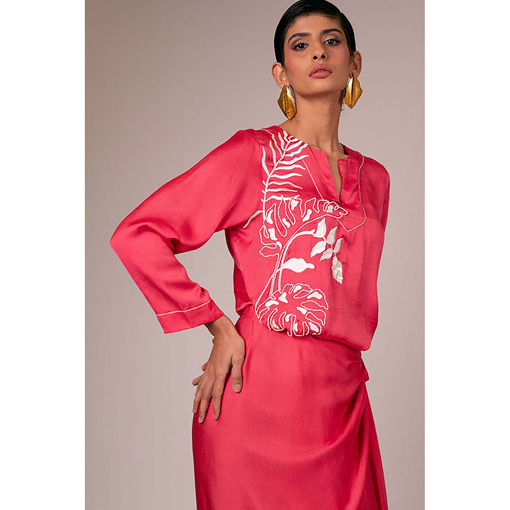 MADDER MUCH Pink Satin V-Neck Embroidered Maxi Dress