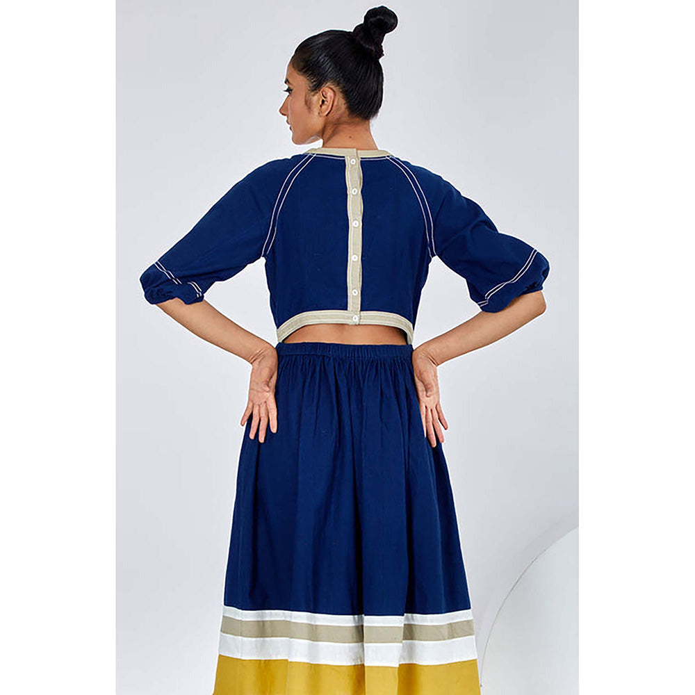 MADDER MUCH Navy Blue Cotton Keyhole Neck Solid A-Line Midi Dress