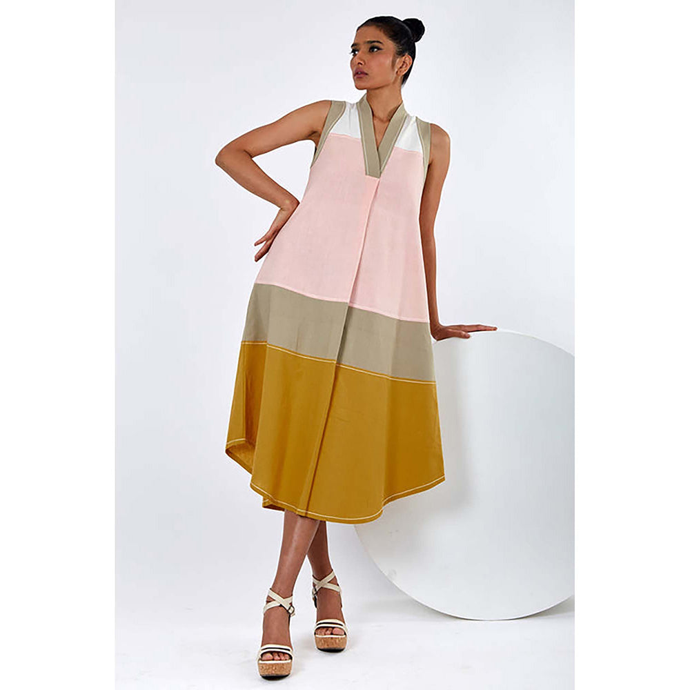 MADDER MUCH Multi-Color Cotton V-Neck Colorblock Midi Dress