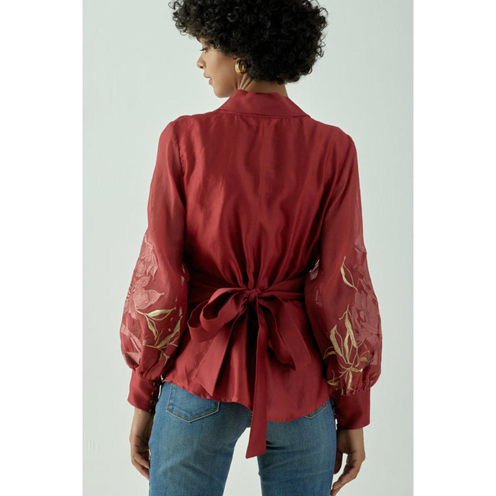 MADDER MUCH Red Chanderi Solid Embroidered Top With Belt