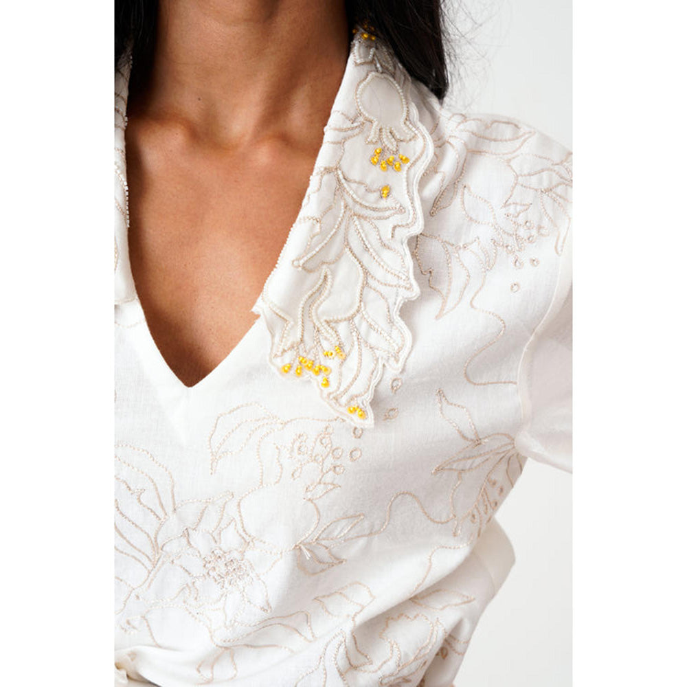 MADDER MUCH Cotton White Collar Neck Floral Top