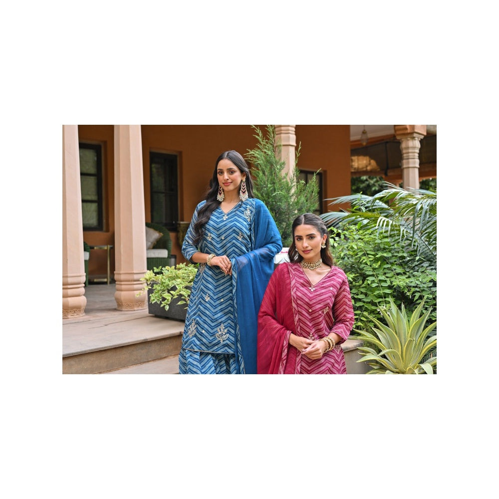 Mahee Jaipur Pink Lehriya Chanderi Sharara with Kurta Gota Patti Work and Dupatta (Set of 3)