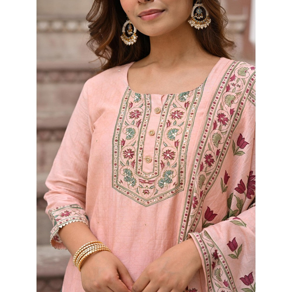 Mahee Jaipur Peach Block Mughal Print Mul Kurta with Pant and Dupatta