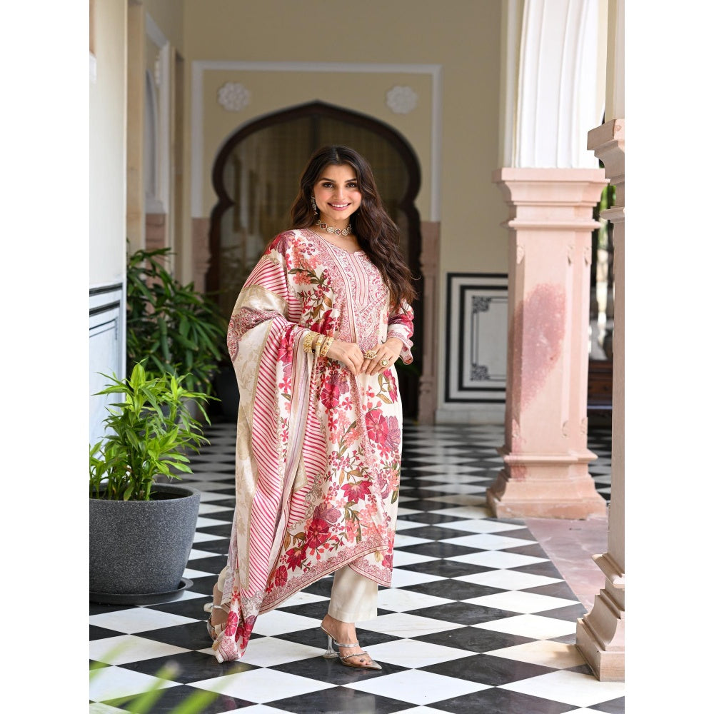 Mahee Jaipur White Floral Thread Embroidery Muslin Kurta With Pant And Dupatta