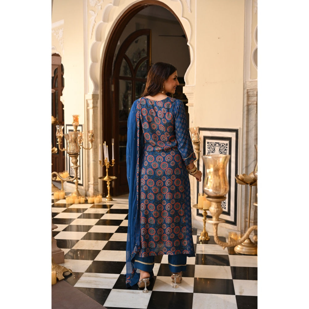 Mahee Jaipur Pure Chiffon Muslin Ajrakh Gota Work Kurta with Pant & Dupatta