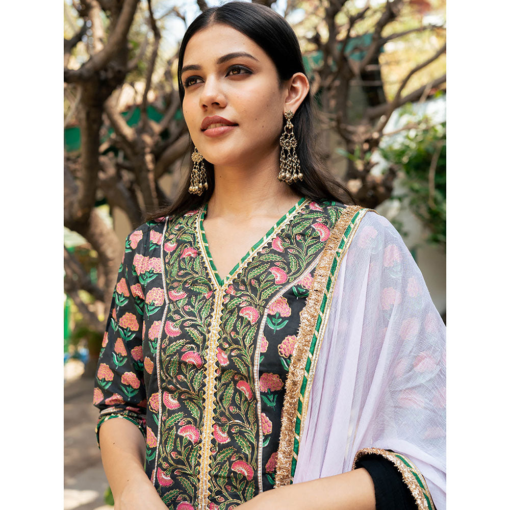Maison Shefali Black Block Printed Kurta with Pant and Dupatta (Set of 3)