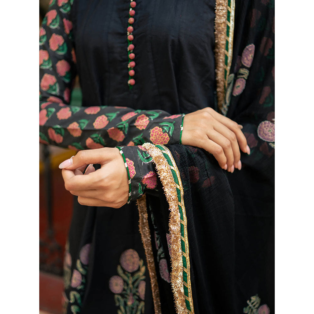 Maison Shefali Black Block Printed Kurti with Sharara and Dupatta (Set of 3)