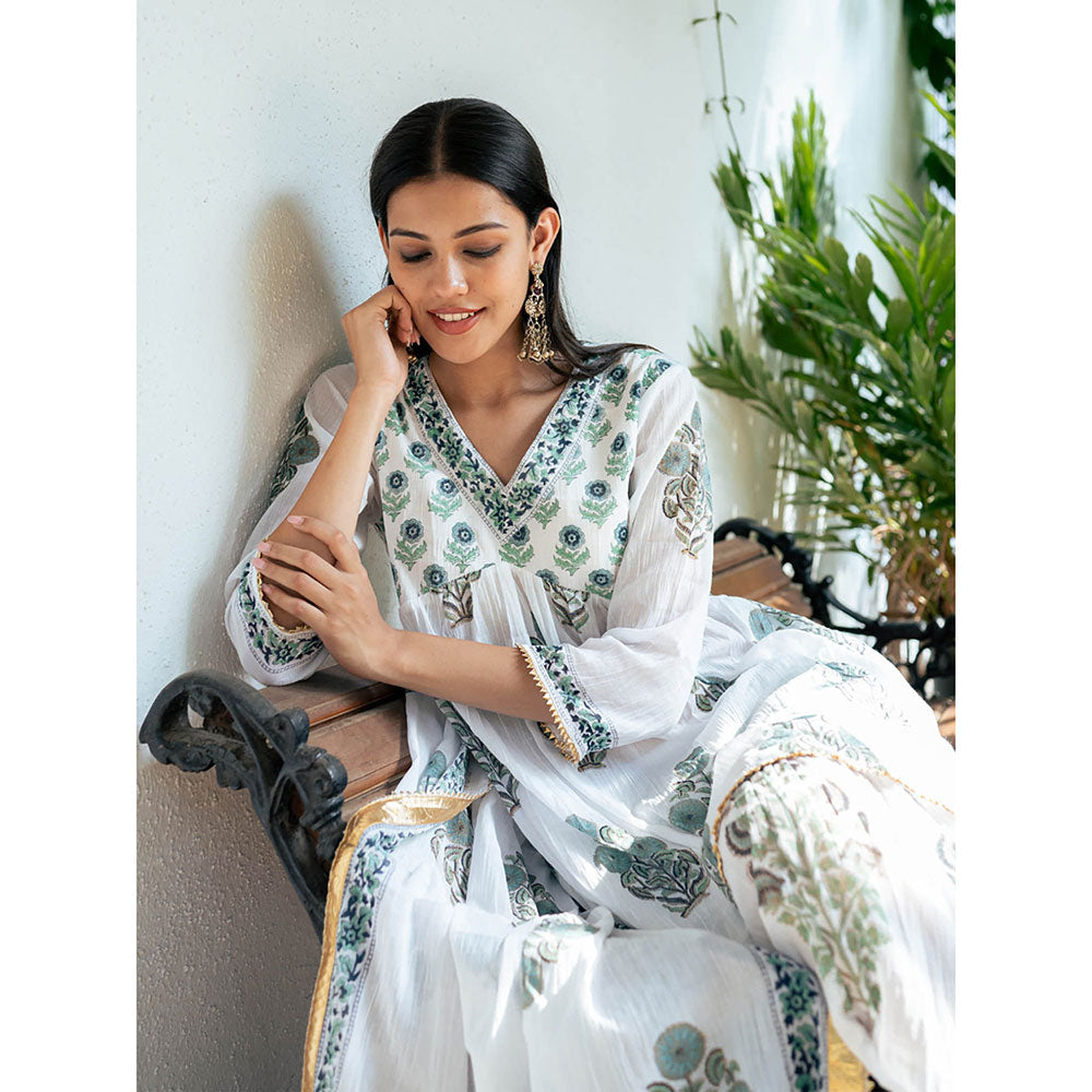 Maison Shefali White Block Printed Short Kurti with Sharara and Dupatta (Set of 3)