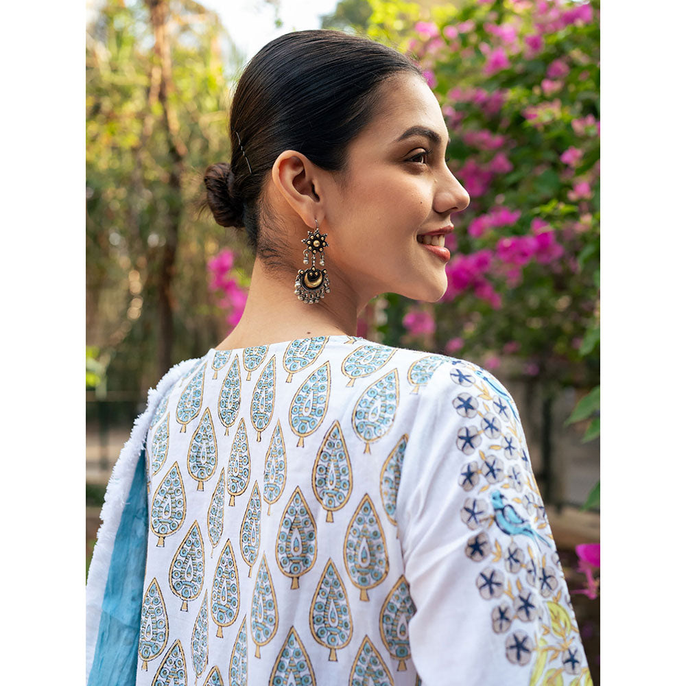 Maison Shefali White and Blue Block Printed Kurta Dupatta Sharara (Set of 3)