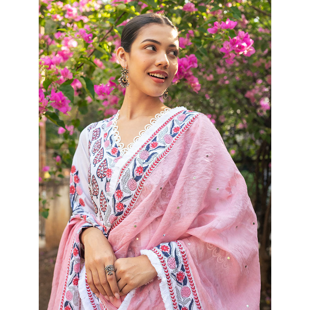 Maison Shefali White and Pink Block Printed Kurta Dupatta Sharara (Set of 3)