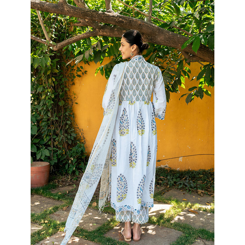 Maison Shefali White & Blue Hand Block Printed Kurta and Pants with Dupatta (Set of 3)