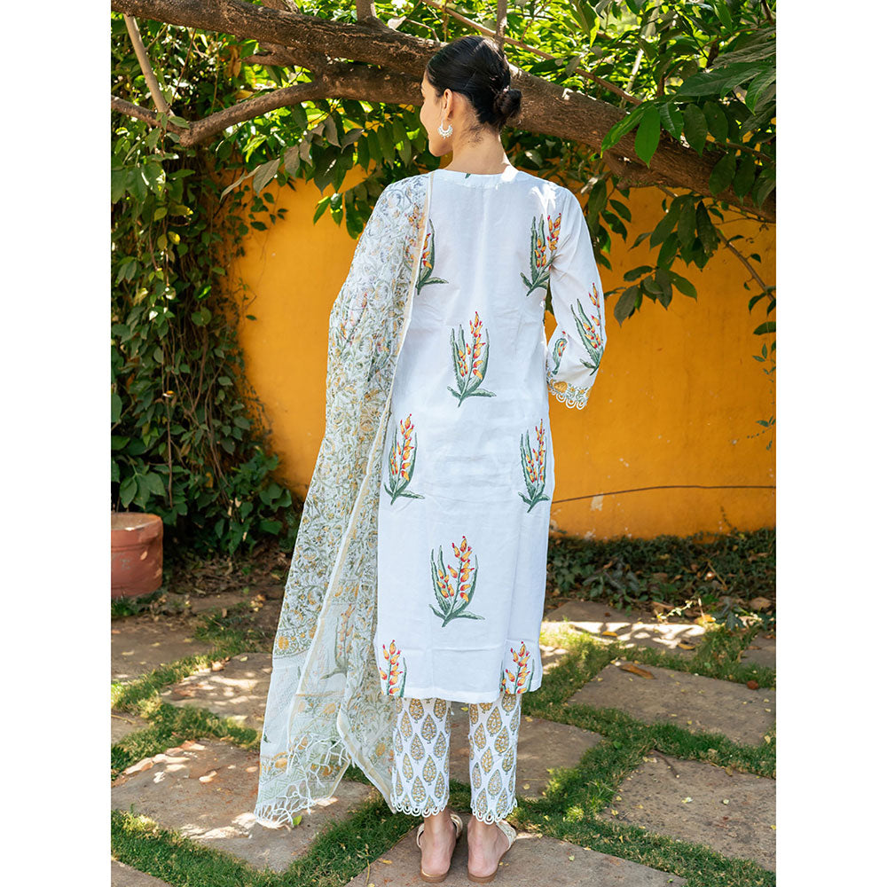 Maison Shefali White and Yellow Hand Block Printed Kurta Pants & Dupatta (Set of 3)