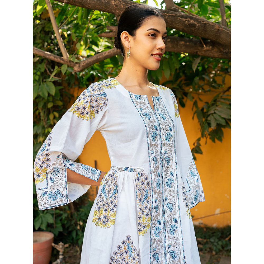 Maison Shefali Blue and White Hand Block Printed Bhopali Kurta with Pants (Set of 2)