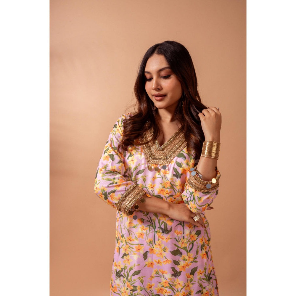 Maison Shefali Linen Digital Print Pink Kali Sharara with Kurti (Set of 2)