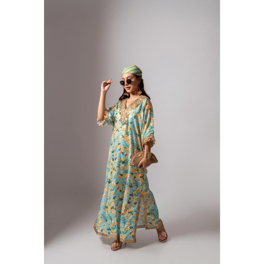 Maison Shefali Linen Digital Print Turquoise Dress