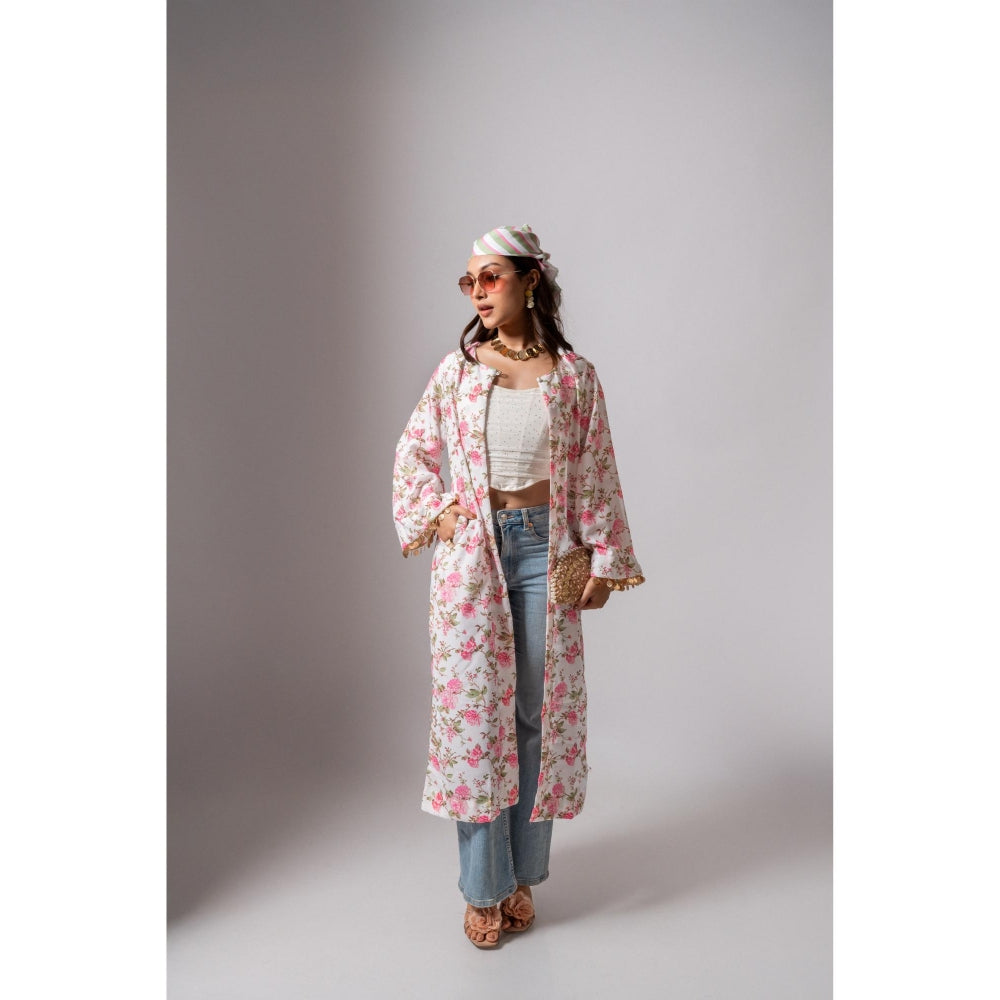 Maison Shefali Linen Digital Print Summer White Shrug