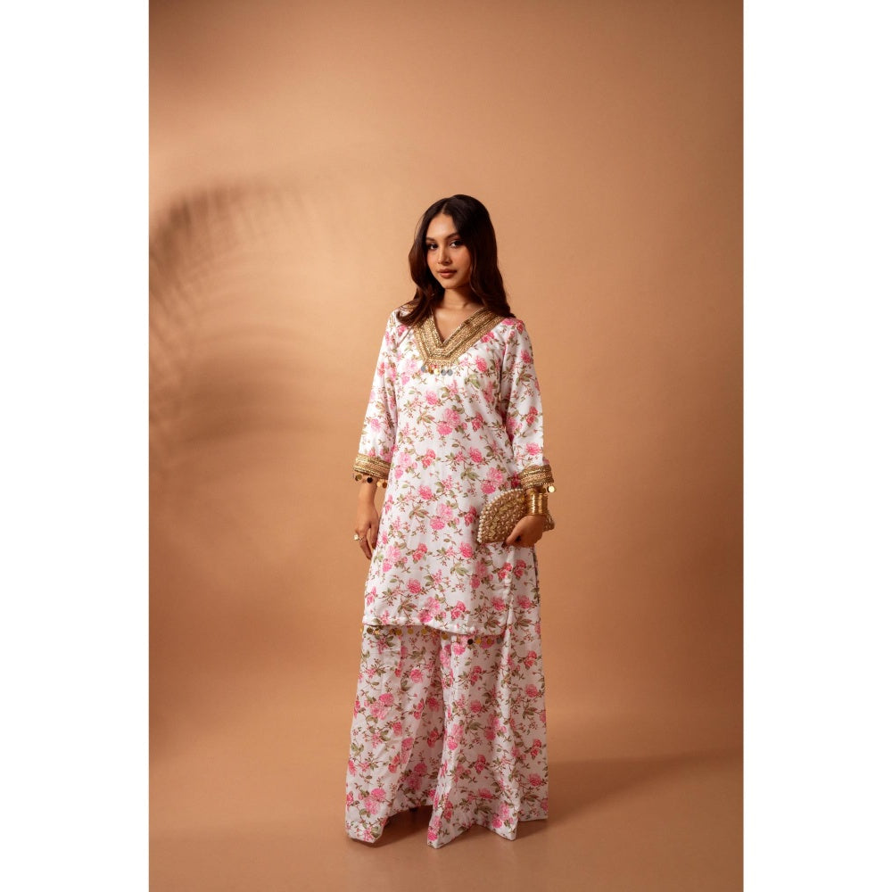 Maison Shefali Linen Digital Print White Kali Sharara with Kurti (Set of 2)