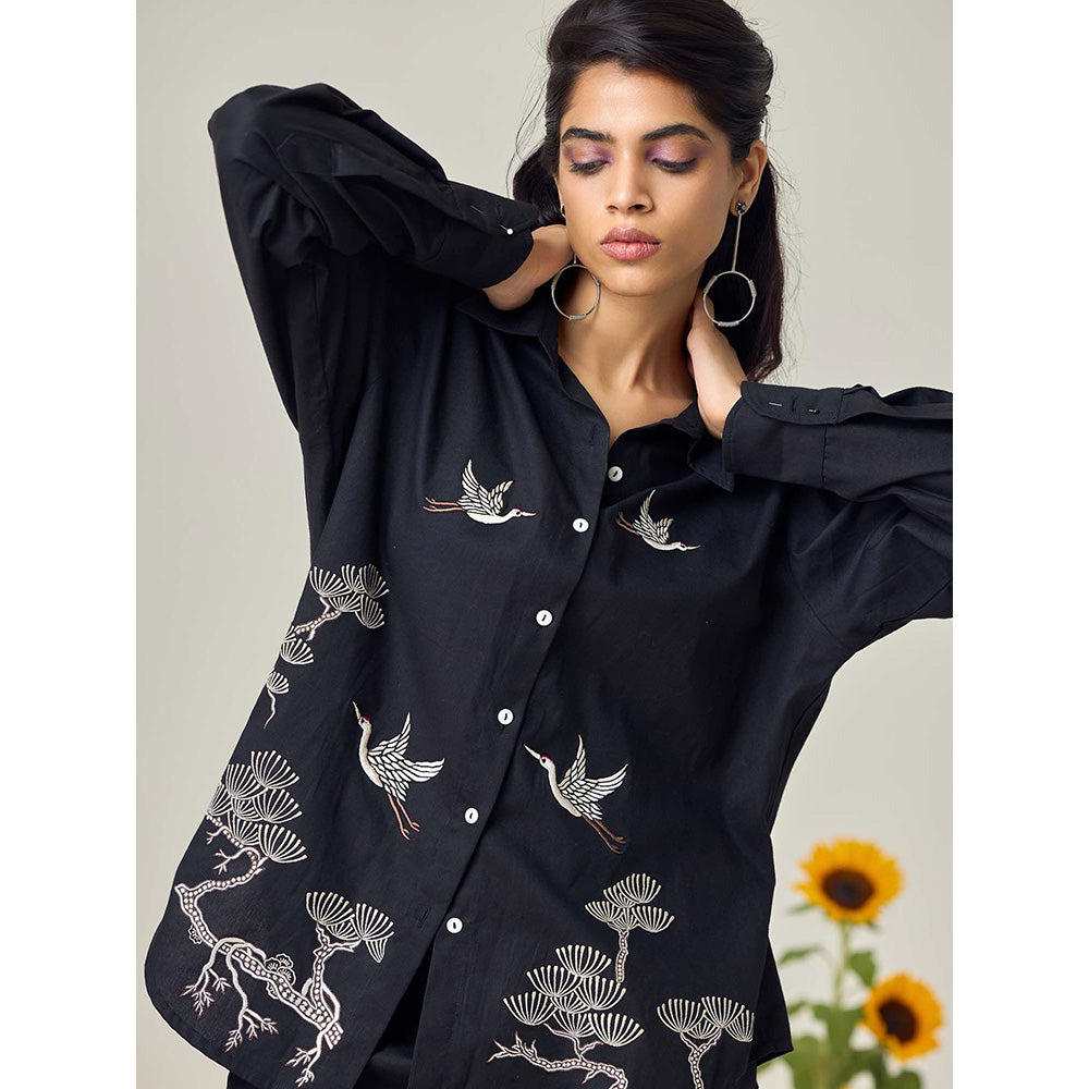 Maisolos Black Poplin Flamingo Shirt with Pant (Set of 2)