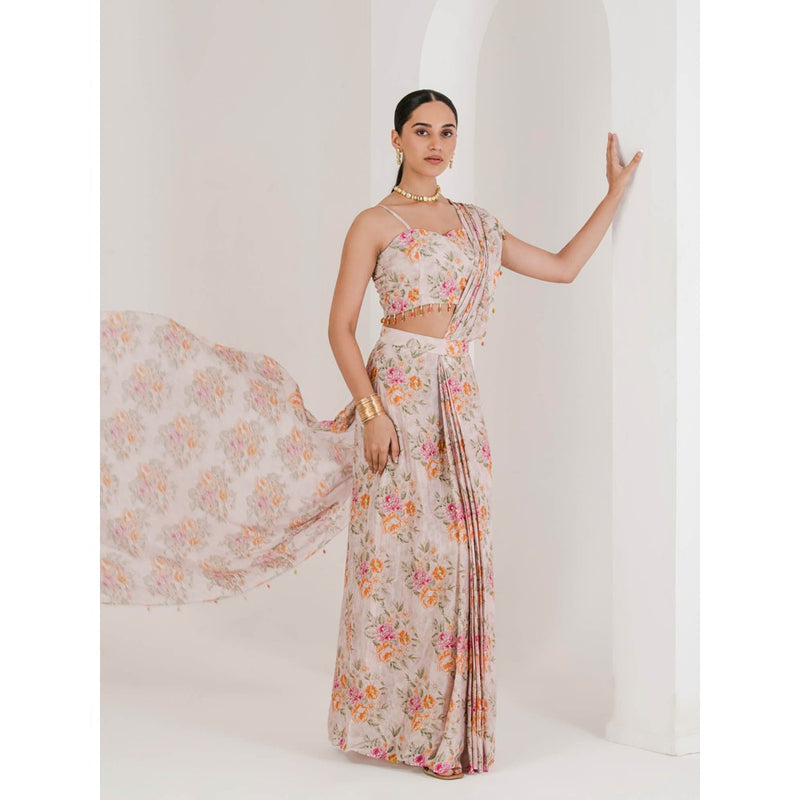 Maive Blush Pink Floral Print Pre Stitched Saree With Stitched Blouse