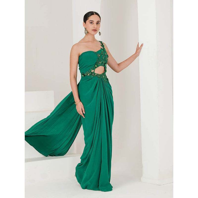 Maive Crepe Hand Embroidered Pre Stitched Green Saree With Stitched Blouse
