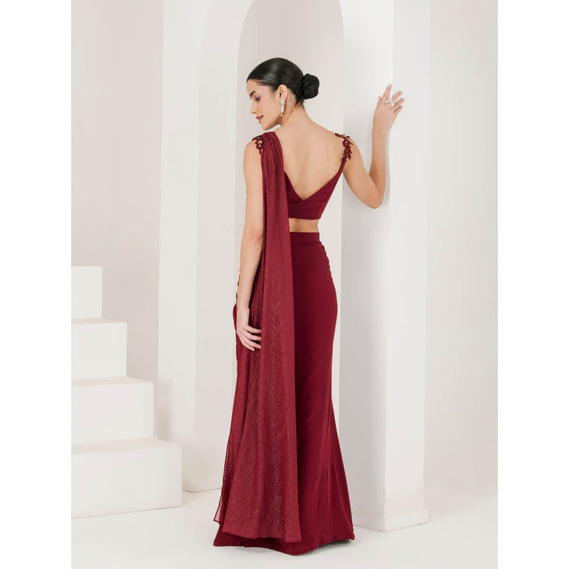 Maive Maroon Hand Embroidered Pre Stitched Saree With Stitched Blouse