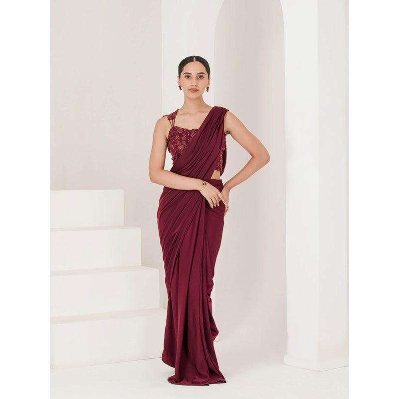 Maive Wine Hand Embroidered Pre Stitched Saree With Stitched Blouse