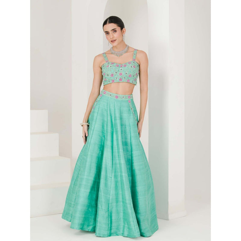 Maive Sea Green Hand Embroidered Lehenga with Blouse and Dupatta (Set of 3)