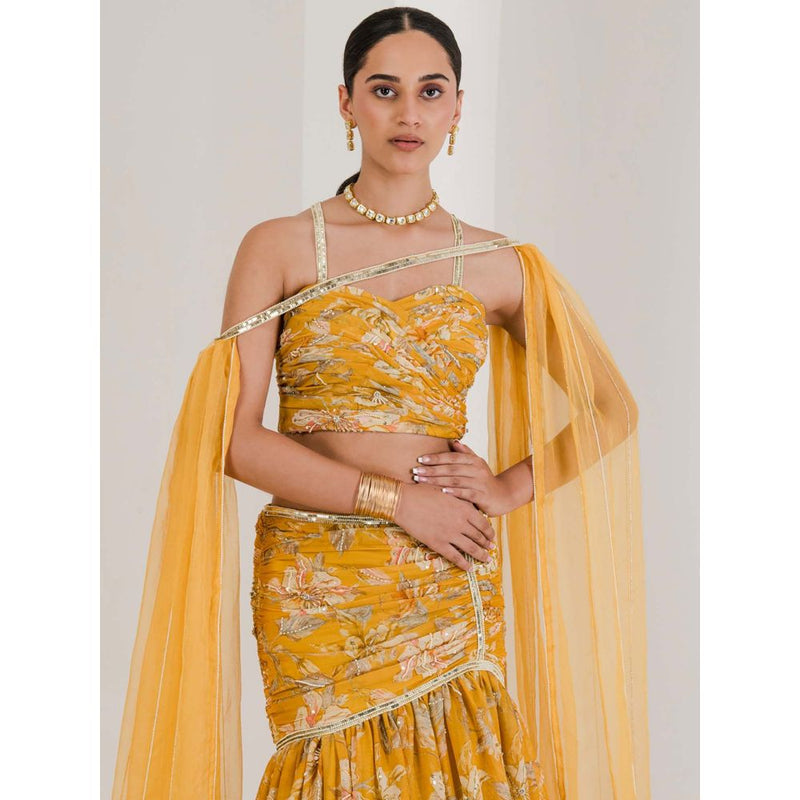 Maive Yellow Print Draped Embroidered Lehenga with Blouse and Dupatta (Set of 3)