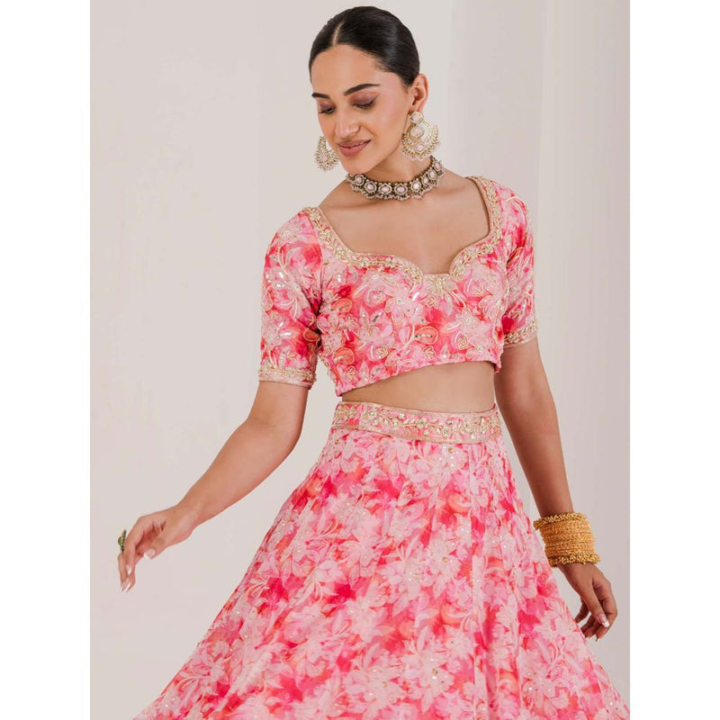 Maive Pink Floral Print Embroidered Lehenga with Blouse and Dupatta (Set of 3)