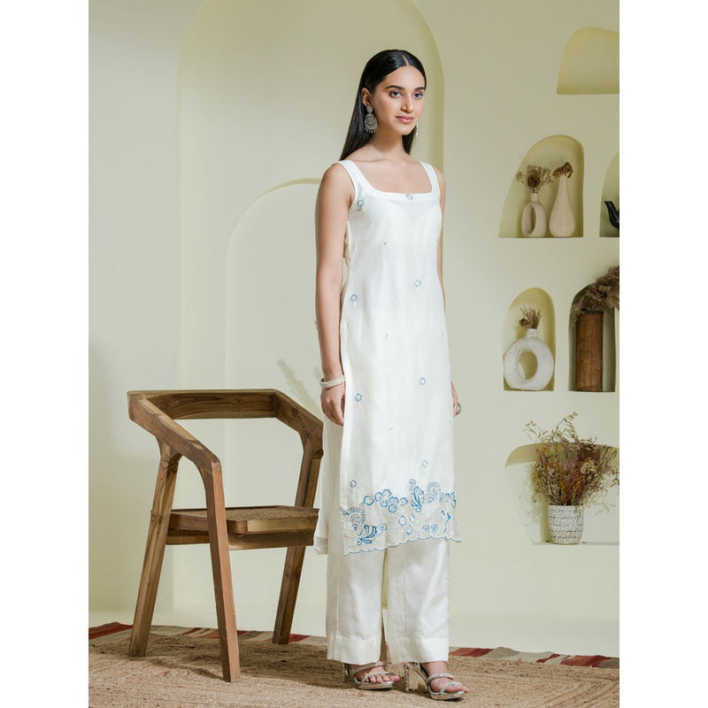 Maive White Blue Hand Embroidered Kurta Pant with Dupatta (Set of 3)