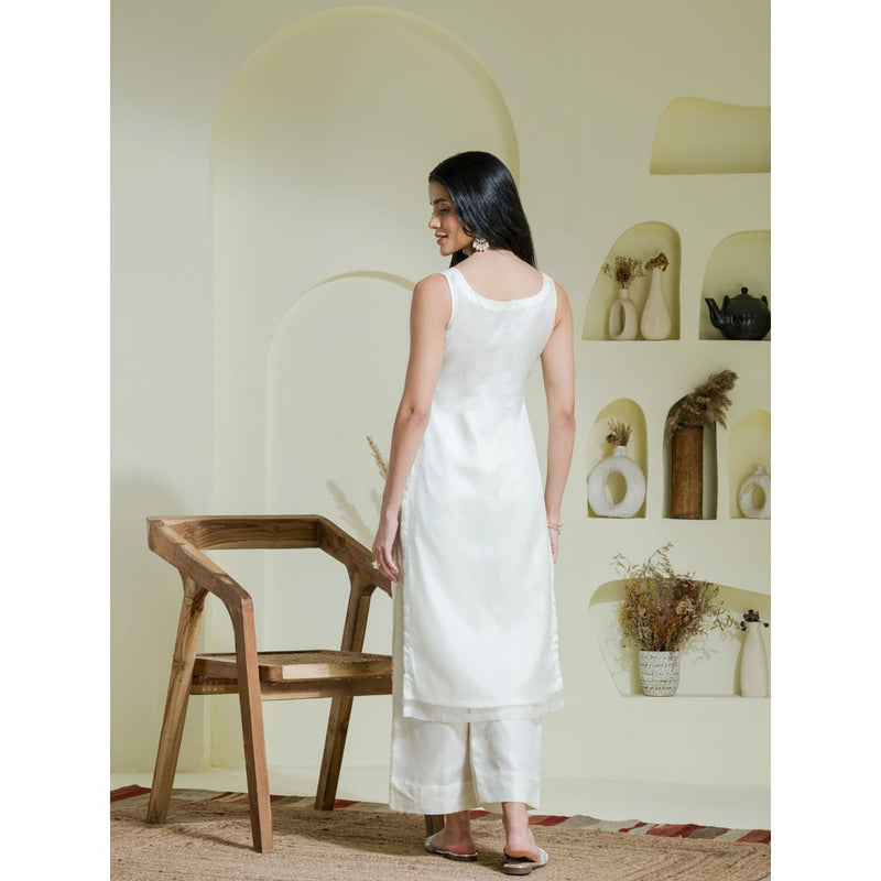 Maive White Pink Hand Embroidered Kurta Pant with Dupatta (Set of 3)