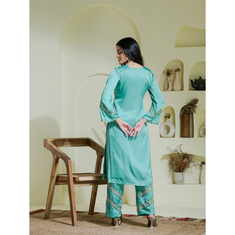 Maive Sea Green Hand Embroidered Kurta with Pant and Dupatta (Set of 3)