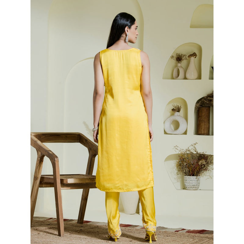 Maive Sunshine Yellow Hand Embroidered Kurta with Dhoti and Dupatta (Set of 3)