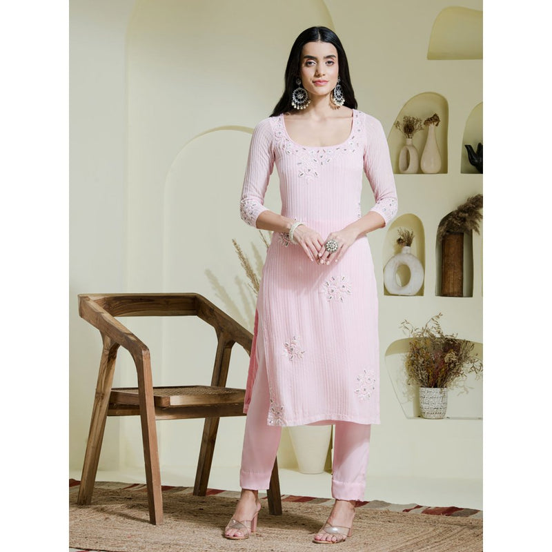 Maive Baby Pink Hand Embroidered Kurta with Pant and Dupatta (Set of 3)