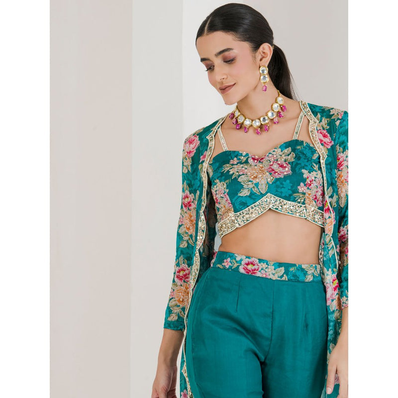 Maive Teal Floral Print Jacket with Crop Top and Pant (Set of 3)