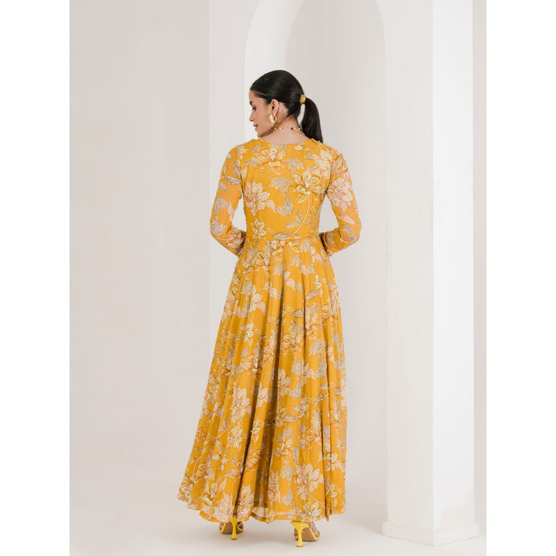 Maive Yellow Print Hand Embroidered Anarkali with Pant and Dupatta (Set of 3)