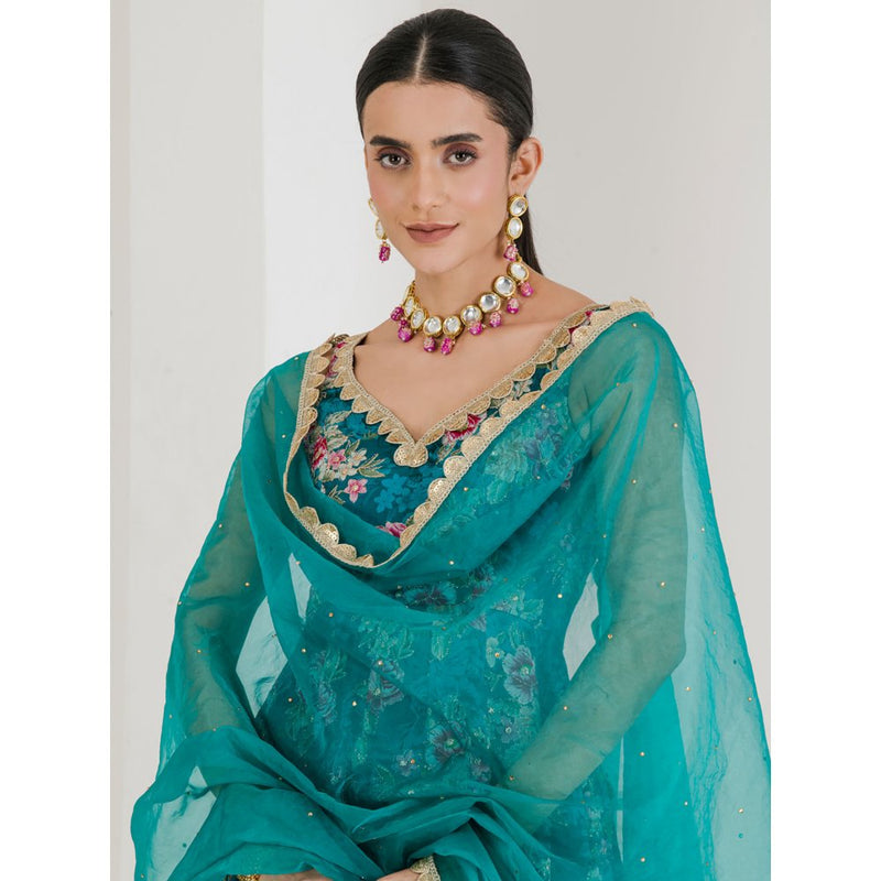 Maive Green Floral Print Anarkali with Pant and Dupatta (Set of 3)